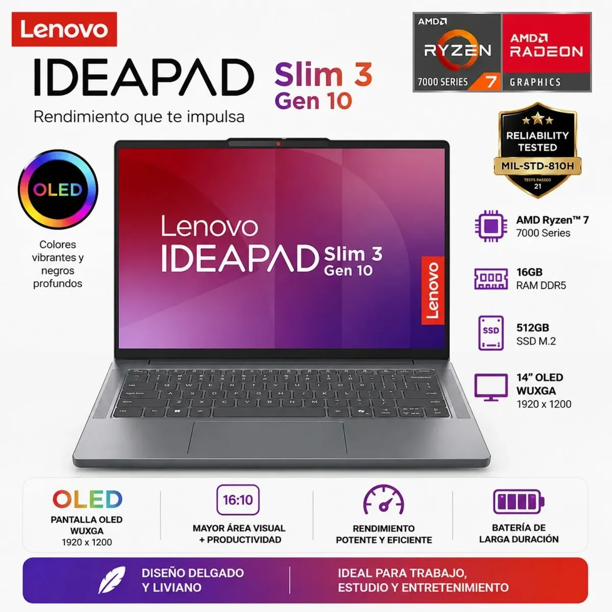 LENOVO - Laptop Lenovo IDEAPAD SLIM 3 14ARP10 83K600EPLM RYZEN 7 7735HS 16GB RAM 512GB SSD