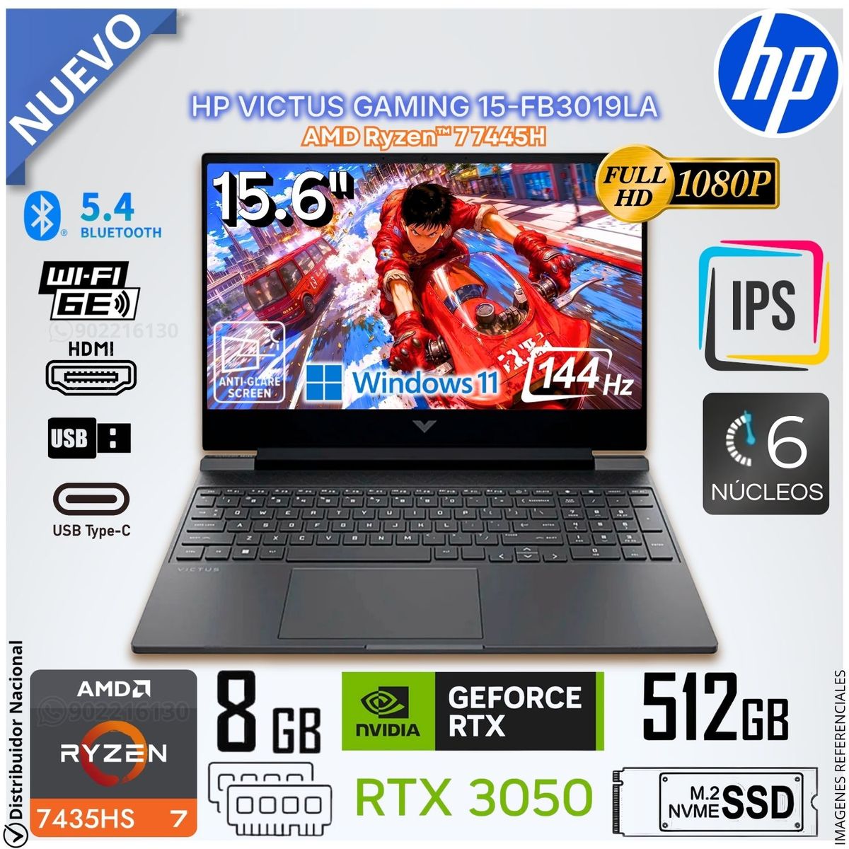 HP - Laptop HP VICTUS GAMING 15-FB3019LA R7-7445HS,8GB RAM,512GB SSD,RTX3050-6GB