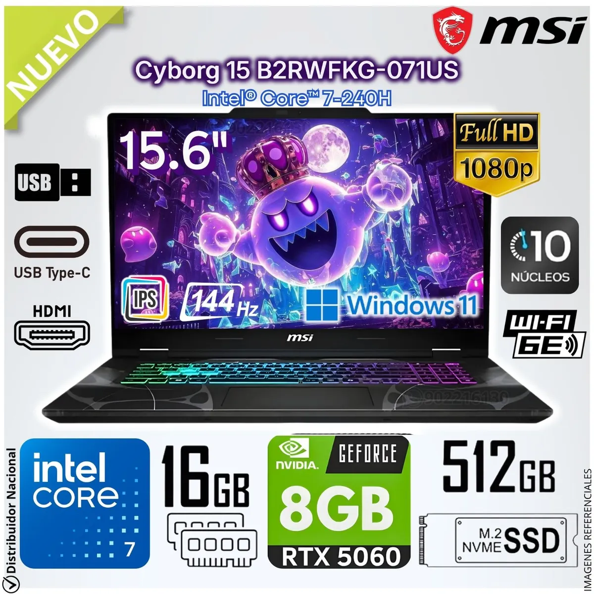 Msi - Laptop Gamer MSI Cyborg 15 B2RWFKG-071US Intel Core 7-240H 16GB RAM 512GB SSD RTX5060- 8GB