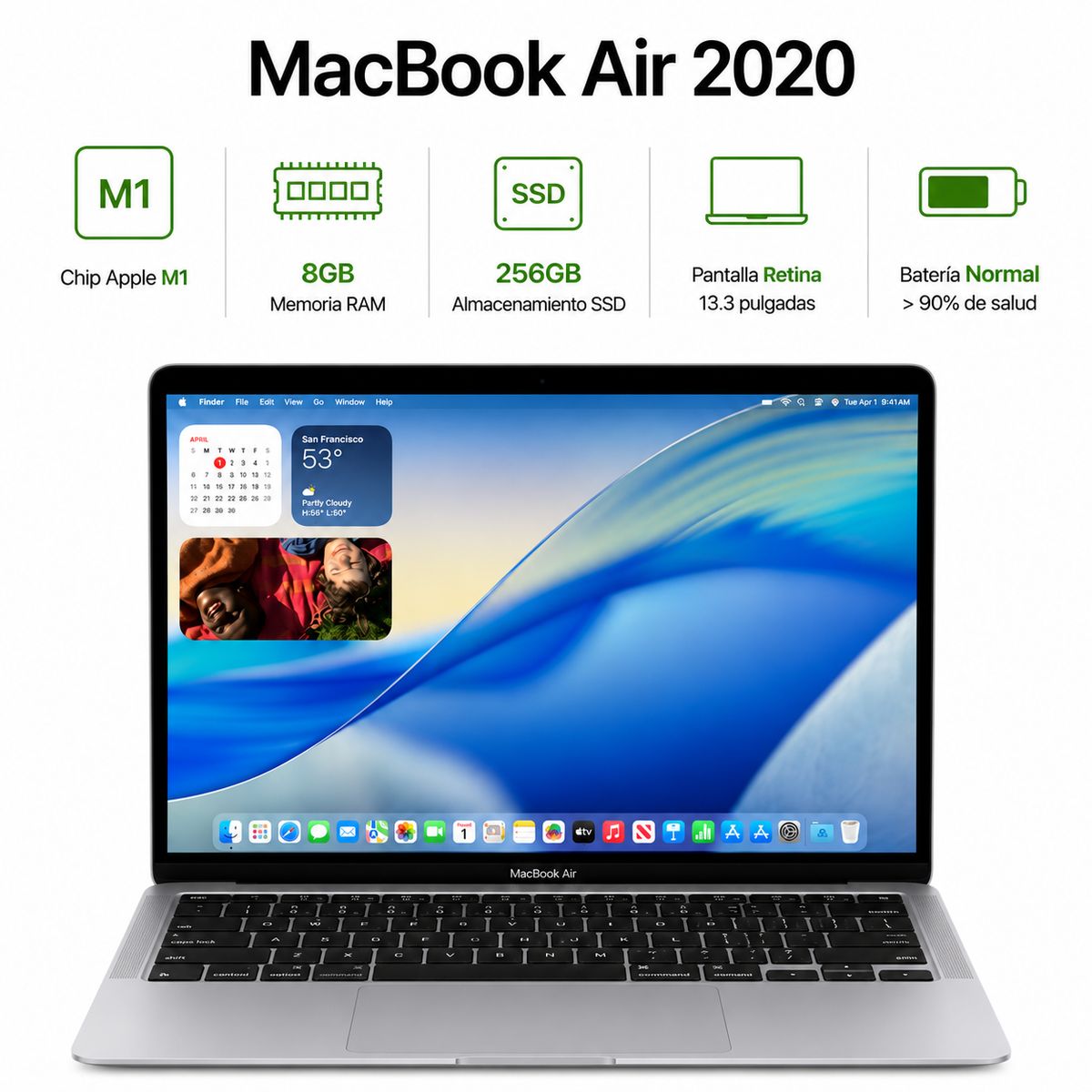 APPLE - MacBook Air 13.3” 2020 A2337 Apple M1 8GB RAM 256 GB SSD Reacondicionada Grado A