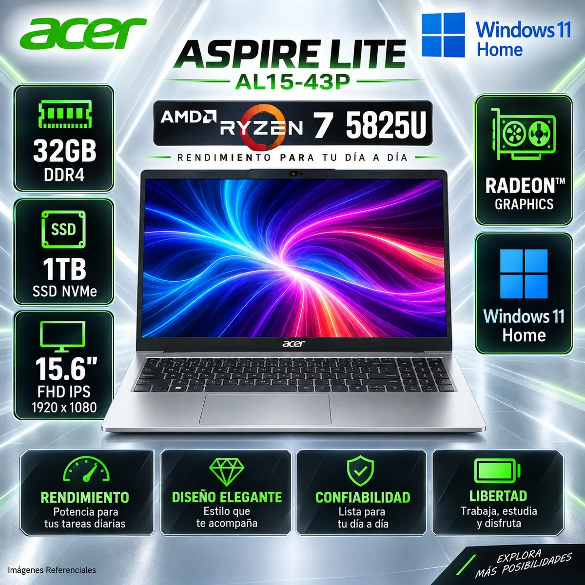 ACER - Laptop Acer Aspire Lite Ryzen 7 5825U 32GB DDR4 1TB SSD 15.6" FHD Windows 11 AL15-43P