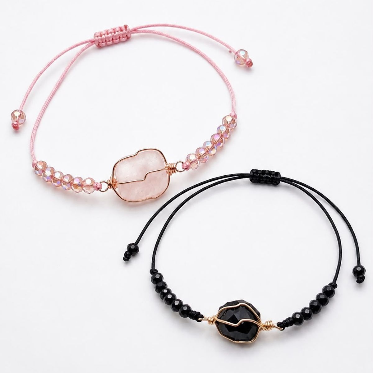 SM - Pack de 2 Pulseras Ajustables Cuarzo Rosa y Turmalina