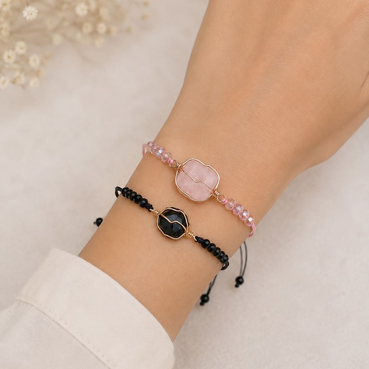 SM - Pack de 2 Pulseras Ajustables Cuarzo Rosa y Turmalina