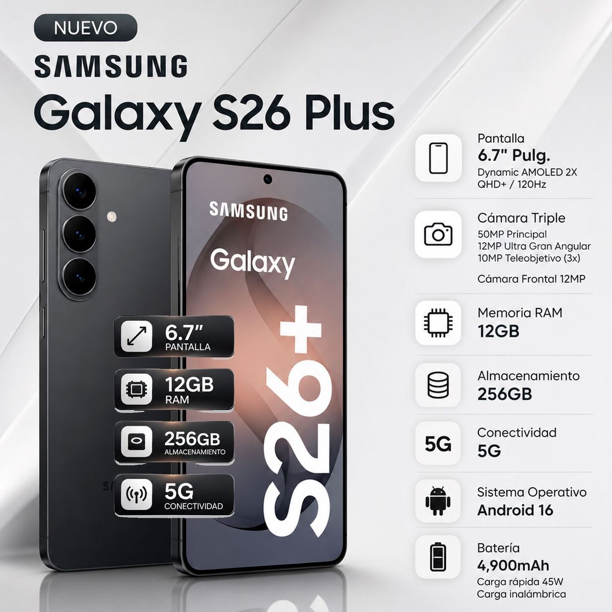 SAMSUNG - Celular Samsung Galaxy S26 Plus 5G 6.7" Pulg. 12GB RAM 256GB Android 16 - Negro
