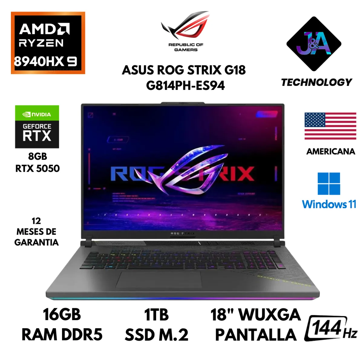 ASUS - LAPTOP ASUS ROG STRIX G18 G814PH-ES94 AMD R9 8940HX 16GB 1TB SSD 8GB RTX5050 18" WUXGA WIN 11 US