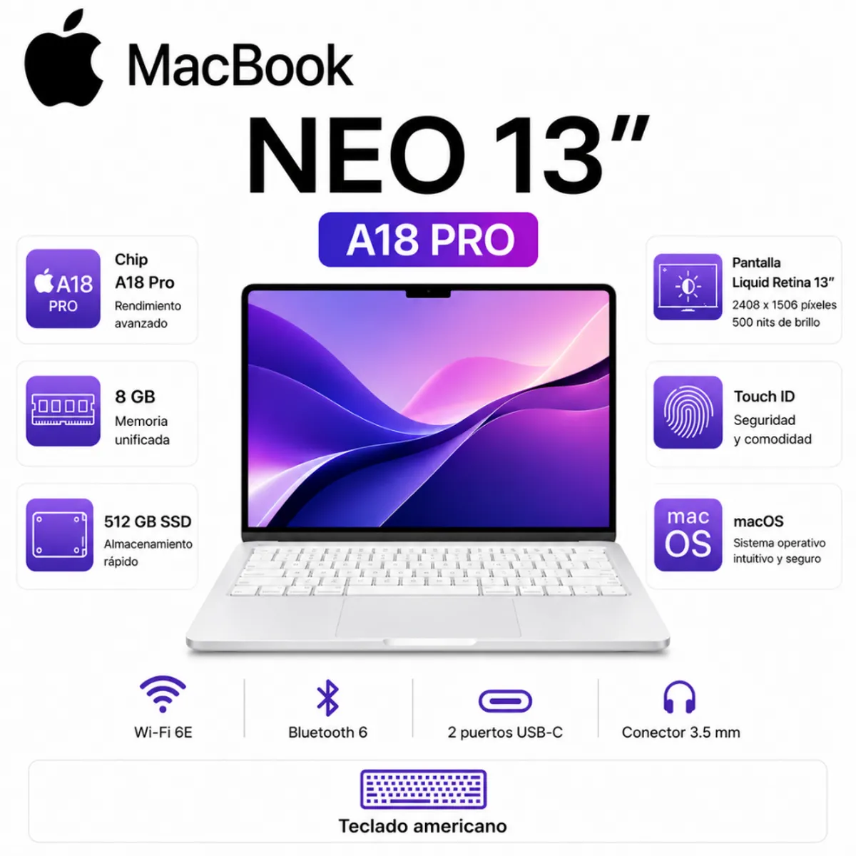 APPLE - MACBOOK NEO 13 CHIP A18 PRO 8GB RAM 512B SSD TOUCH ID TECLADO INGLES SILVER