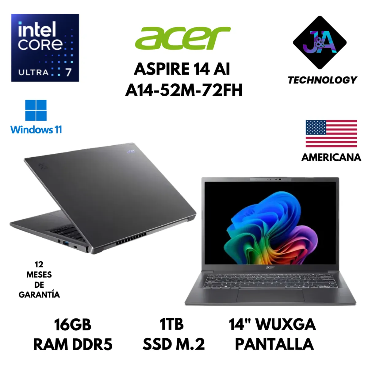 ACER - LAPTOP ACER ASPIRE 14 AI A14-52M-72FH ULTRA 7 256V 16GB RAM 1TB SSD 14" WUXGA WINDOWS 11