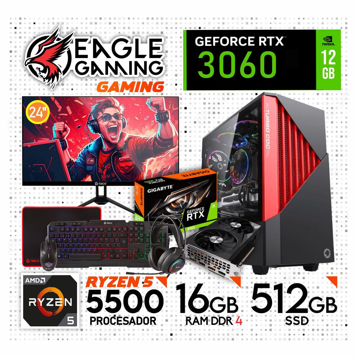 AMD - PC Gamer AMD Ryzen 5 5500 + RTX 3060 12GB + 16GB RAM + SSD 512GB · Monitor 24" Full HD + Kit Teros