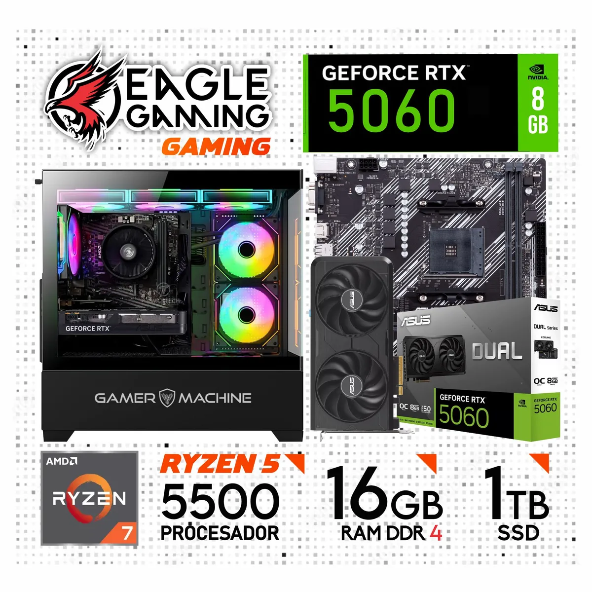 NVIDIA - Computadora PC Gamer AMD RYZEN 5 5500 + RTX 5060 8GB + RAM 16GB + SSD 1TB