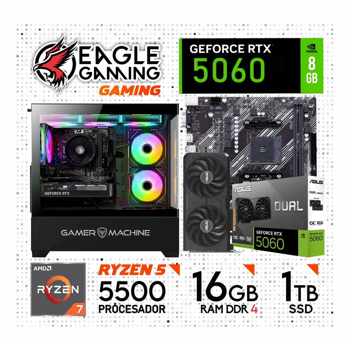 NVIDIA - Computadora PC Gamer AMD RYZEN 5 5500 + RTX 5060 8GB + RAM 16GB + SSD 1TB
