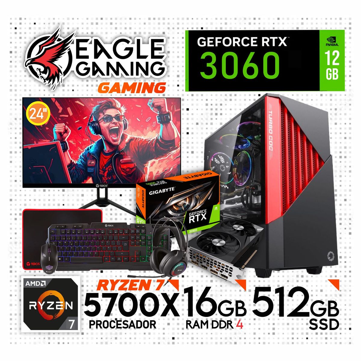 AMD - PC Gamer AMD Ryzen 7 5700X + RTX 3060 12GB + 16GB RAM + SSD 512GB · Monitor 24" Full HD + Kit Teros.