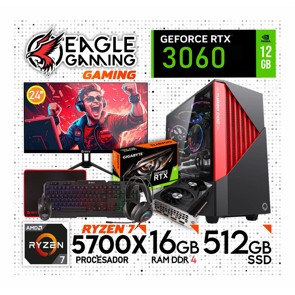 AMD - PC Gamer AMD Ryzen 7 5700X + RTX 3060 12GB + 16GB RAM + SSD 512GB · Monitor 24" Full HD + Kit Teros.
