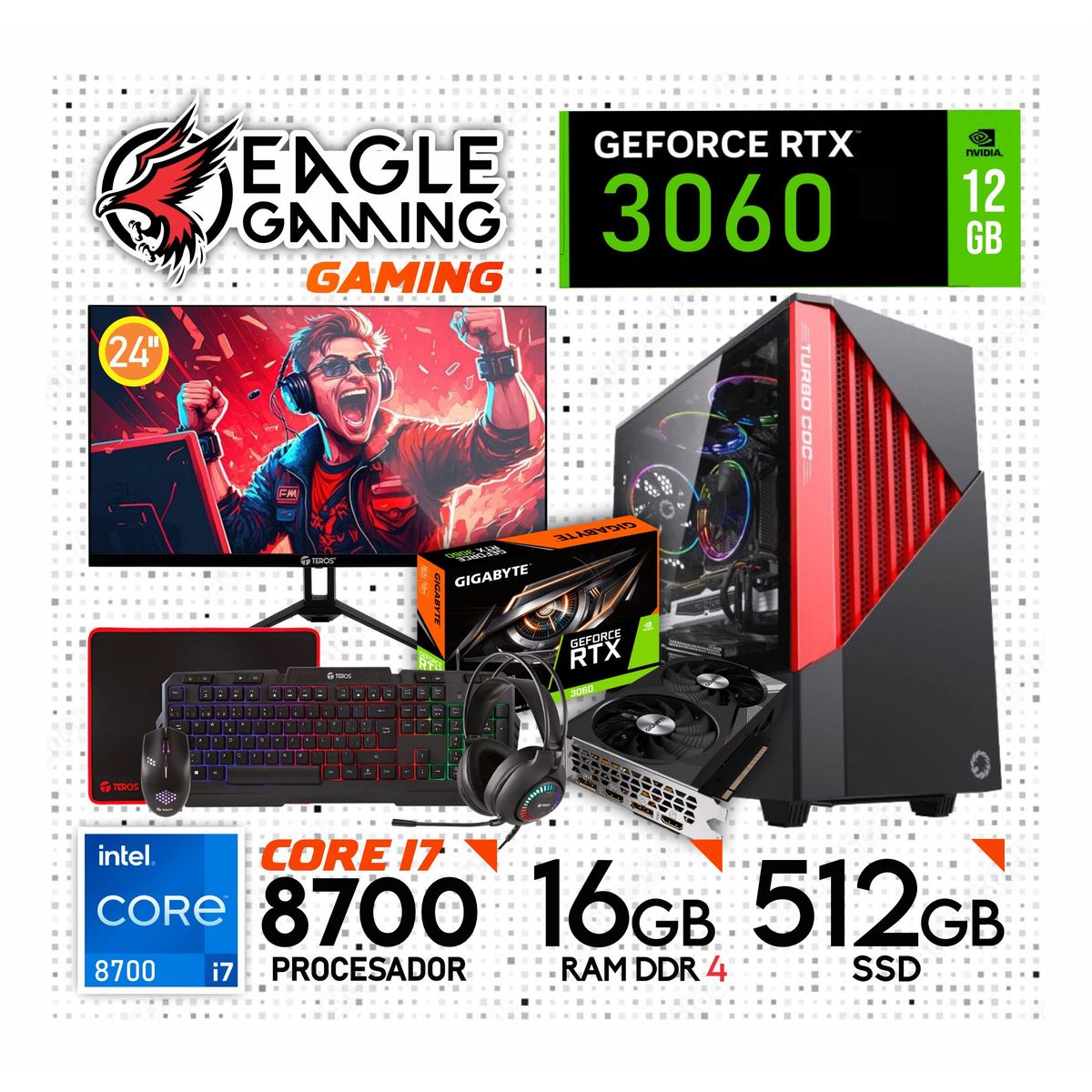 NVIDIA - PC Gamer Intel Core i7‑8700 + RTX 3060 12GB + 16GB RAM + SSD 512GB · Monitor 24" Full HD + Kit Teros