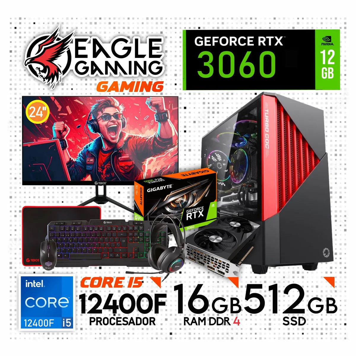 INTEL - PC Gamer Intel Core i5 12400F + RTX 3060 12GB + 16GB RAM + SSD 512GB · Monitor 24" FHD + Kit Teros.
