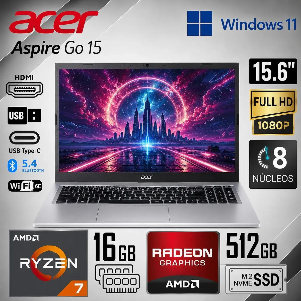 ACER - Laptop Acer Aspire Go 15 Ryzen 7 7730U 16GB RAM 512GB SSD 15.6" FHD Win11 AG15-42P-R917
