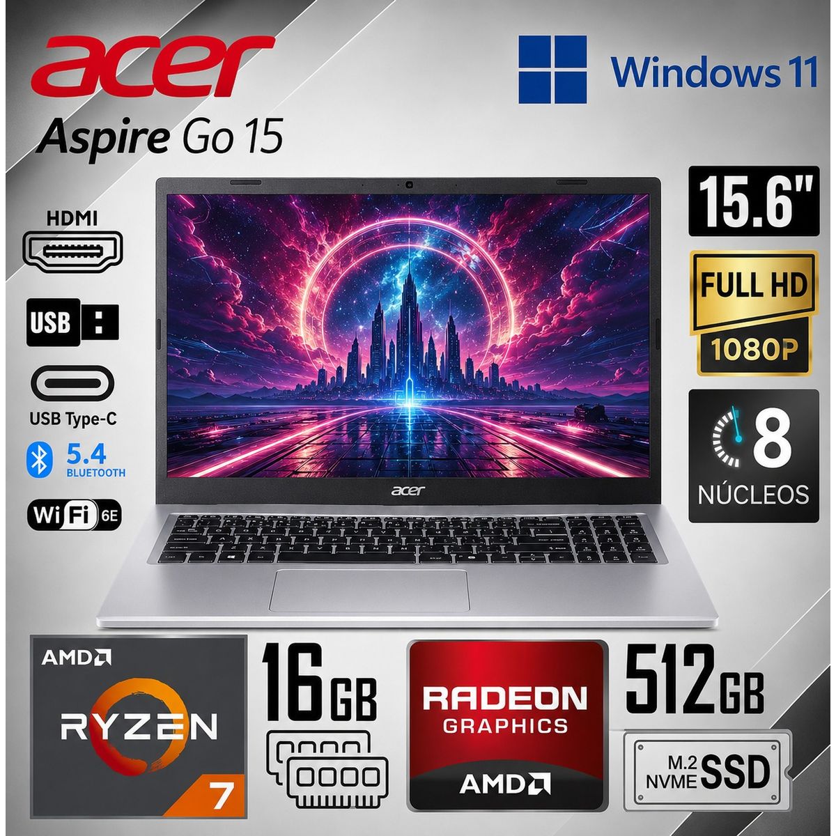 ACER - Laptop Acer Aspire Go 15 Ryzen 7 7730U 16GB RAM 512GB SSD 15.6" FHD Win11 AG15-42P-R917