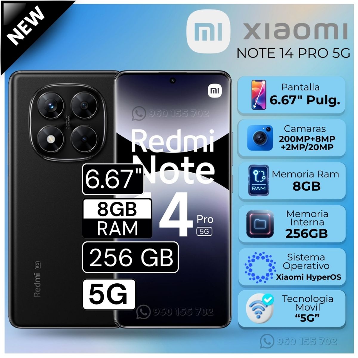 HONOR - Celular Xiaomi Redmi Note 14 Pro 6.67"  Pulg. 8GB RAM 256GB Xiaomi HyperOS - Negro