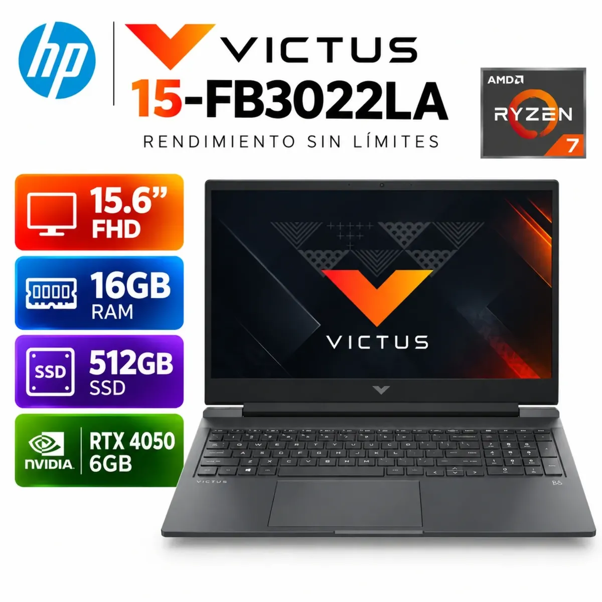 HP - HP Victus 15-fb3022la Ryzen 7-7445HS, 16GB RAM, 512GB SSD, RTX 4050 6GB, 15.6″ FHD
