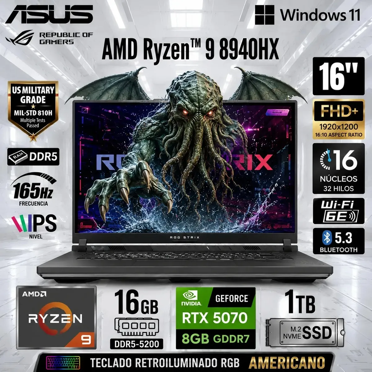 ASUS - Laptop Gamer ASUS ROG Strix G16 Ryzen 9 8940HX 16GB 1TB SSD RTX 5070 16" 165Hz G614PP-WH94