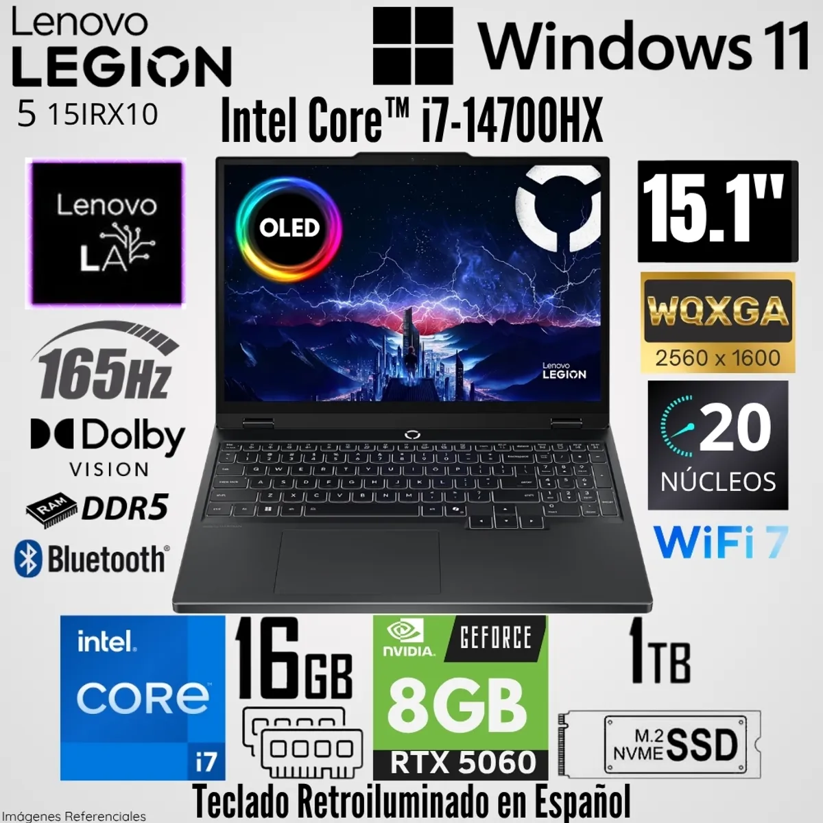 LENOVO - Laptop Lenovo Legion 5 15IRX10 Intel Core i7-14700HX 16GB RAM 1TB SSD RTX 5060-8GB 15.1"  OLED 165 Hz