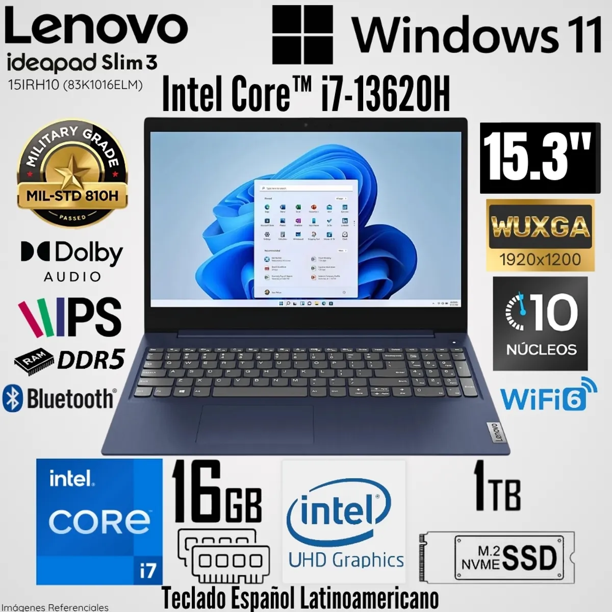 LENOVO - Laptop Lenovo IdeaPad Slim 3 15IRH10 Intel Core i7-13620H 16GB RAM 1TB SSD 15.3"  WUXGA - Cosmic Blue