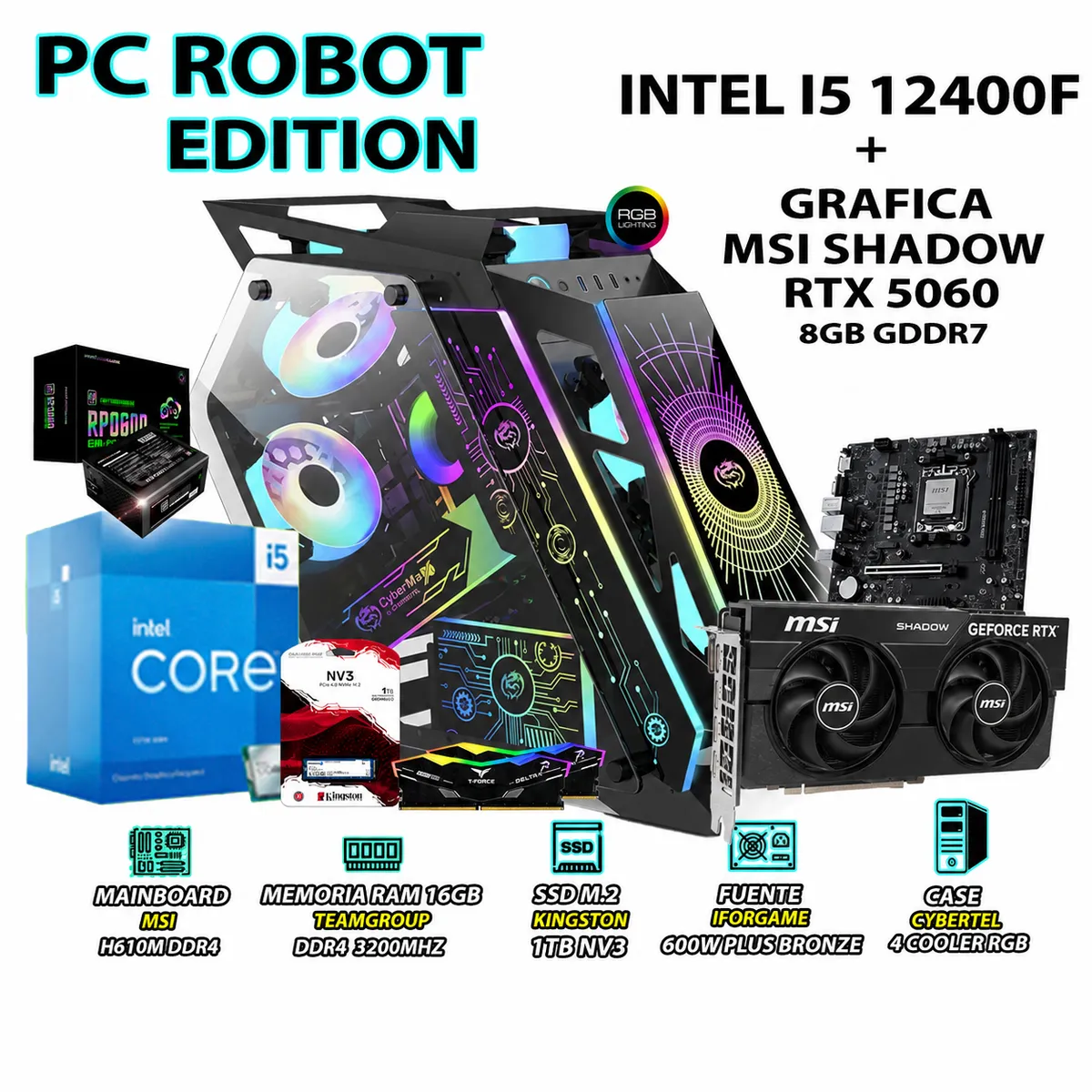 INTEL - Computadora Gamer ROBOT Core i5 12400F RAM 16GB SSD 1TB RTX 5060 8GB