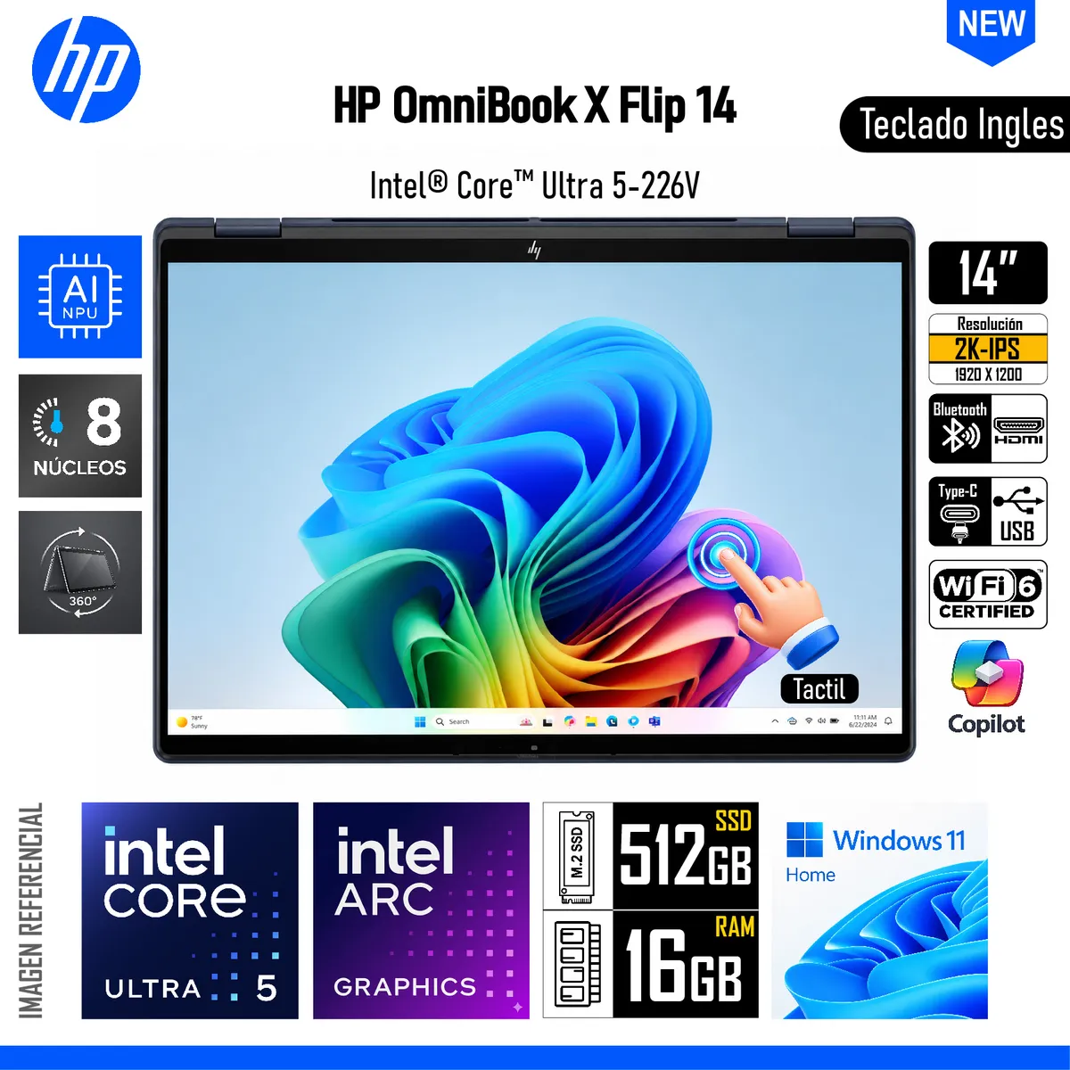 HP - Laptop HP OmniBook X Flip 14 2 en 1 Intel Core Ultra 5 226V 16GB RAM 512GB SSD 14" Touch Windows 11