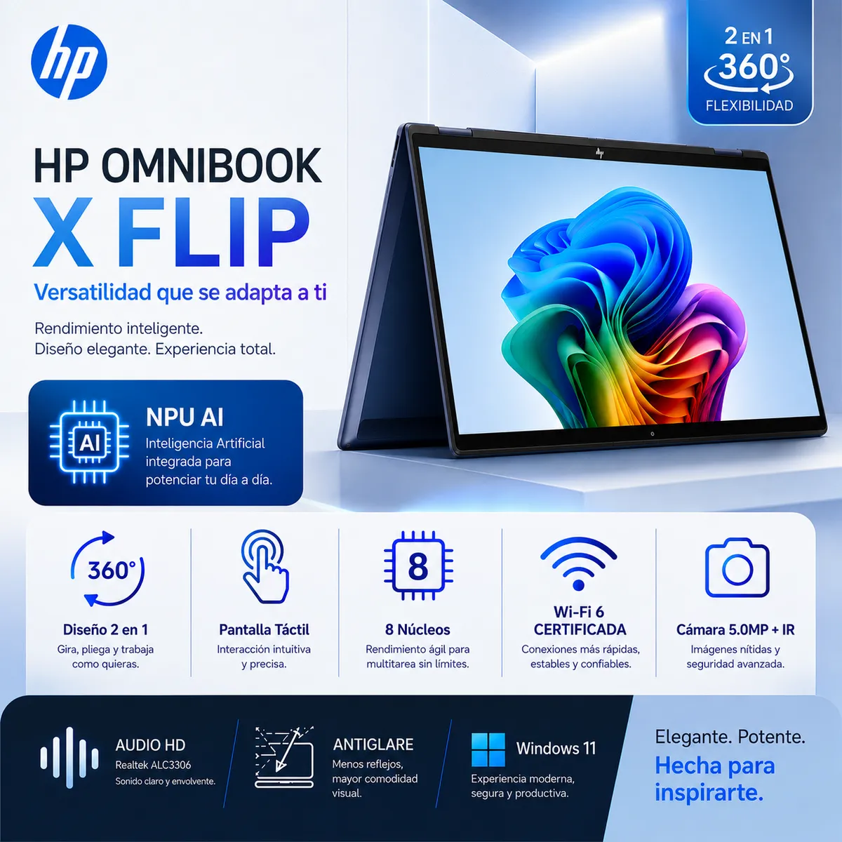 HP - Laptop HP OmniBook X Flip 14 2 en 1 Intel Core Ultra 5 226V 16GB RAM 512GB SSD 14" Touch Windows 11