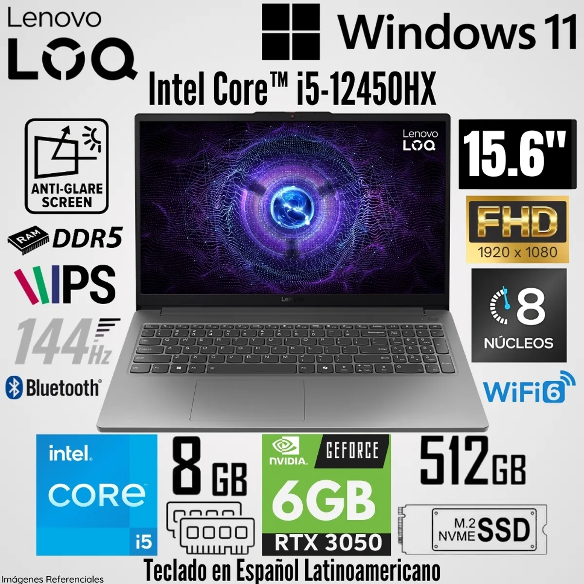 LENOVO - Laptop Lenovo LOQ 15IAXE Intel Core i5-12450HX 8GB RAM 512GB SSD RTX 3050-6GB 15.6"  FHD 144 Hz
