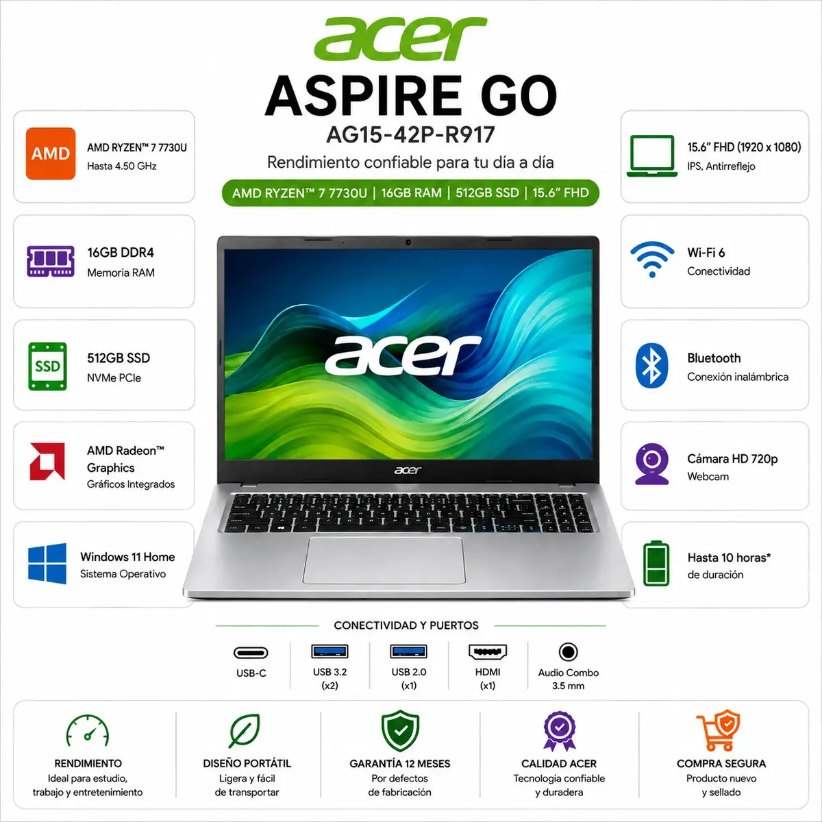 ACER - LAPTOP ACER ASPIRE GO AG15-42P-R917 AMD Ryzen™ 7 7730U 16GB RAM 512GB SSD 15.6" FHD Windows 11