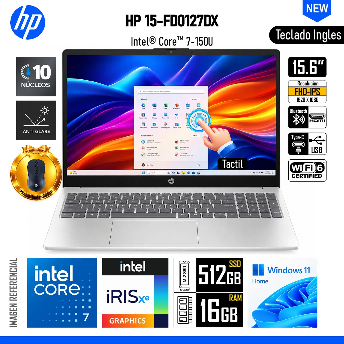 HP - Laptop HP 15-fd0127dx 15.6" FHD Touch Intel Core 7 150U 16GB RAM 512GB SSD Windows 11