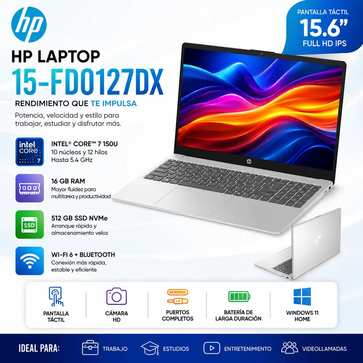 HP - Laptop HP 15-fd0127dx 15.6" FHD Touch Intel Core 7 150U 16GB RAM 512GB SSD Windows 11