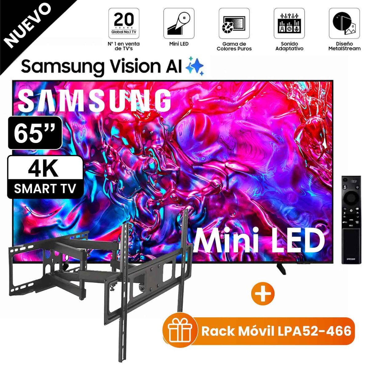 SAMSUNG - Televisor Mini LED 65 pulgadas 4K Ultra HD Tizen UN65M70HAGXPE + Rack Móvil