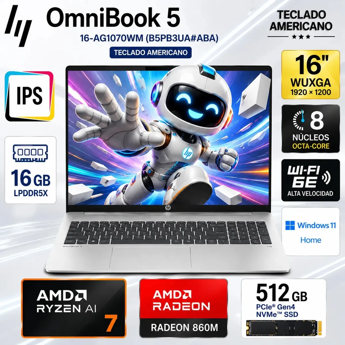 HP - Laptop HP OmniBook 5 16" WUXGA AMD Ryzen AI 7 350 16GB RAM 512GB SSD Windows 11 16-AG1070