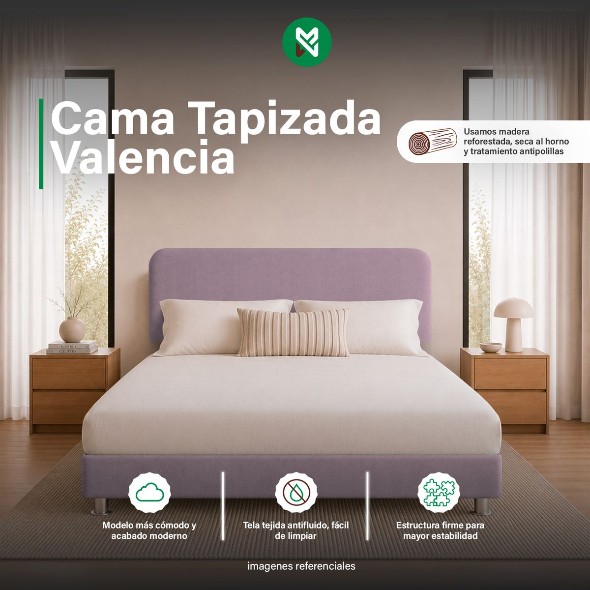 MUEBLES MACRUMO - Combo Cama Tapizada Valencia + Colchón Semiortopédico - Queen - Rosado
