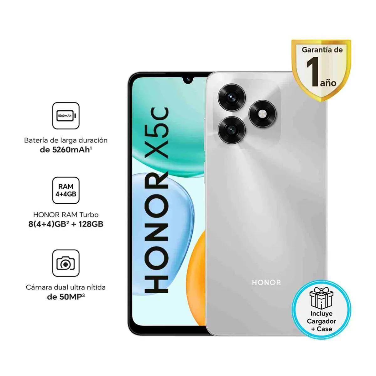 HONOR - Celular Honor X5c 4gb + 128gb Meteor Silver NEGRO + Cargador portatil Generico