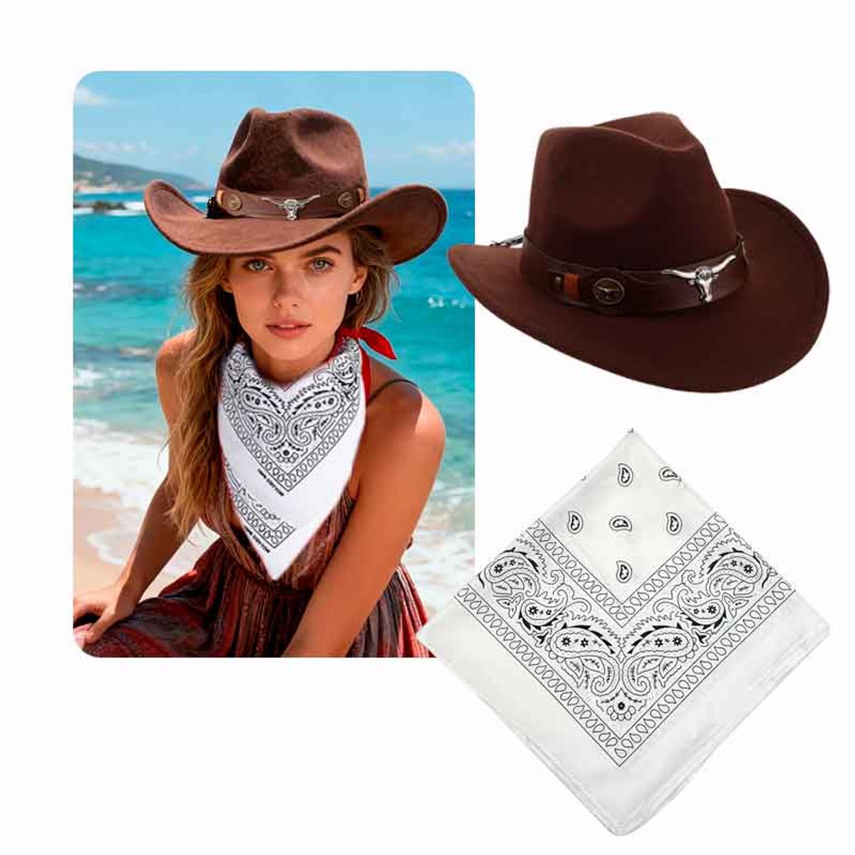 GENERICO - Sombrero Vaquero Marrón con Pañoleta blanca