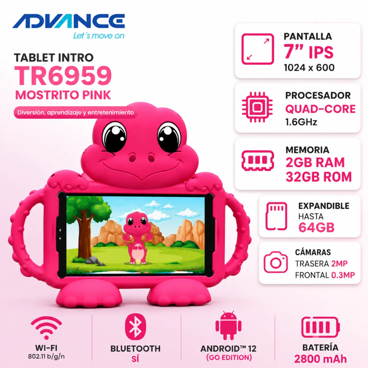 ADVANCE - Tablet Advance Intro TR6959 7" Ips 1024X600 Android 12 Go 32Gb  SSD 2Gb RAM Wi-Fi Rosado