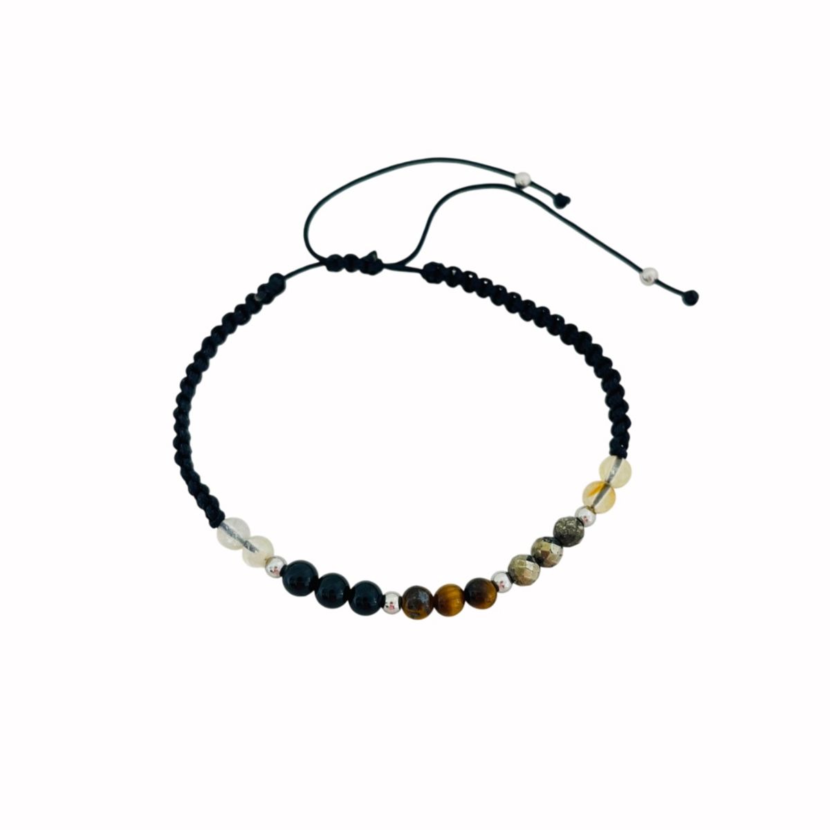 GENERICO - Pulsera de Hilo Negro con Cuarzos Citrino, Ojo de Tigre, Turmalina y Pirita - Sienna