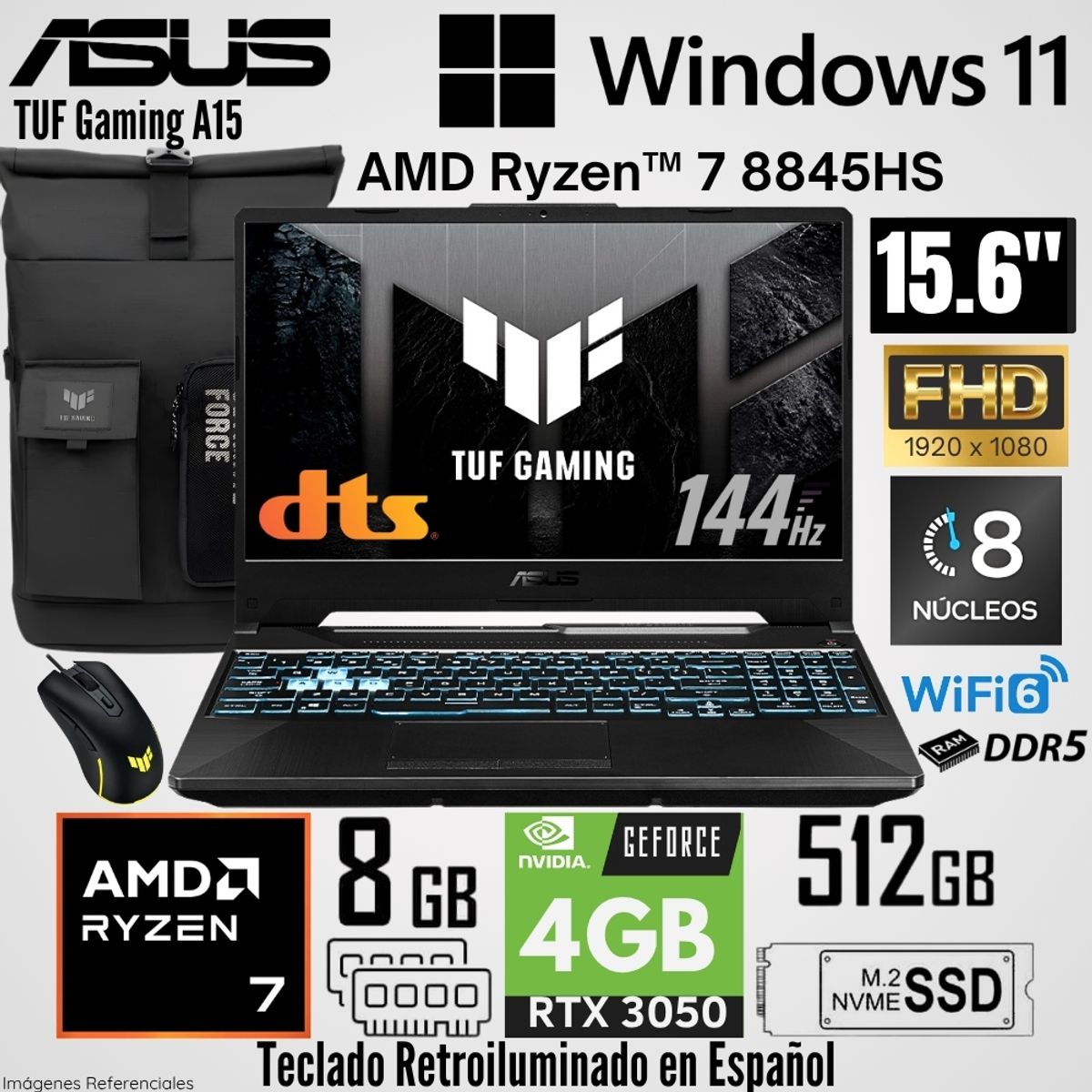ASUS - Laptop Asus TUF Gaming A15 AMD Ryzen 7 8845HS  8GB RAM 512GB SSD RTX 3050-4GB 15.6"  FHD 144Hz