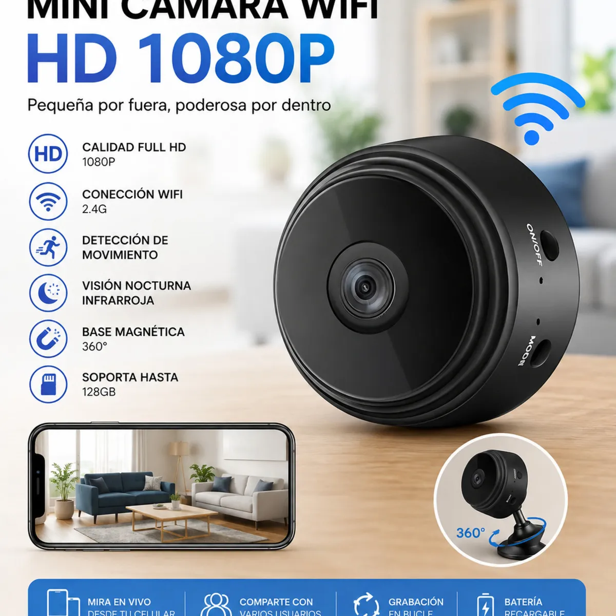 GENERICO - Mini Cámara Espía Wifi A9, Vigila en tiempo real desde tu celular