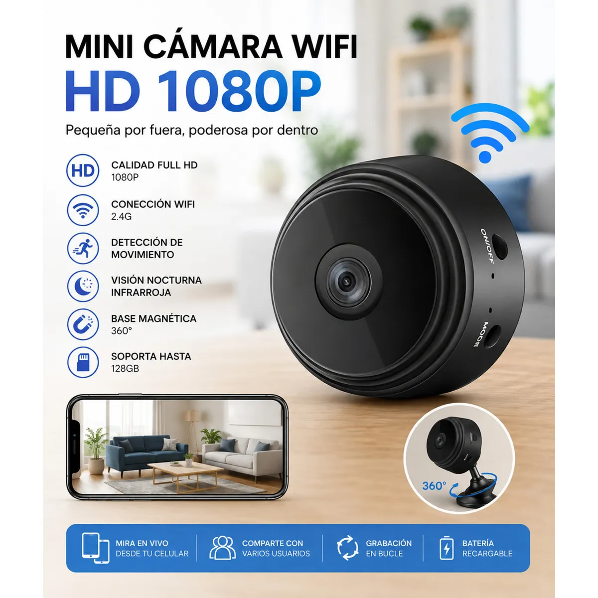 GENERICO - Mini Cámara Espía Wifi A9, Vigila en tiempo real desde tu celular
