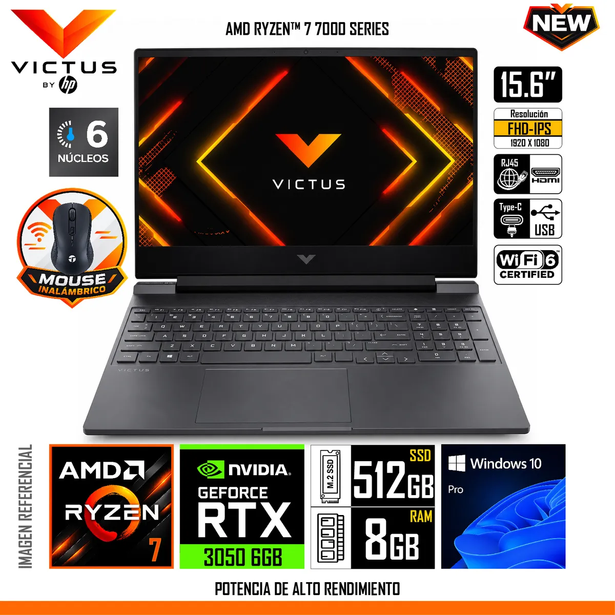 HP - Laptop Gamer HP Victus 15-FB3019LA 15.6" FHD Ryzen 7 7445HS 8GB DDR5 512GB SSD RTX 3050 6GB.