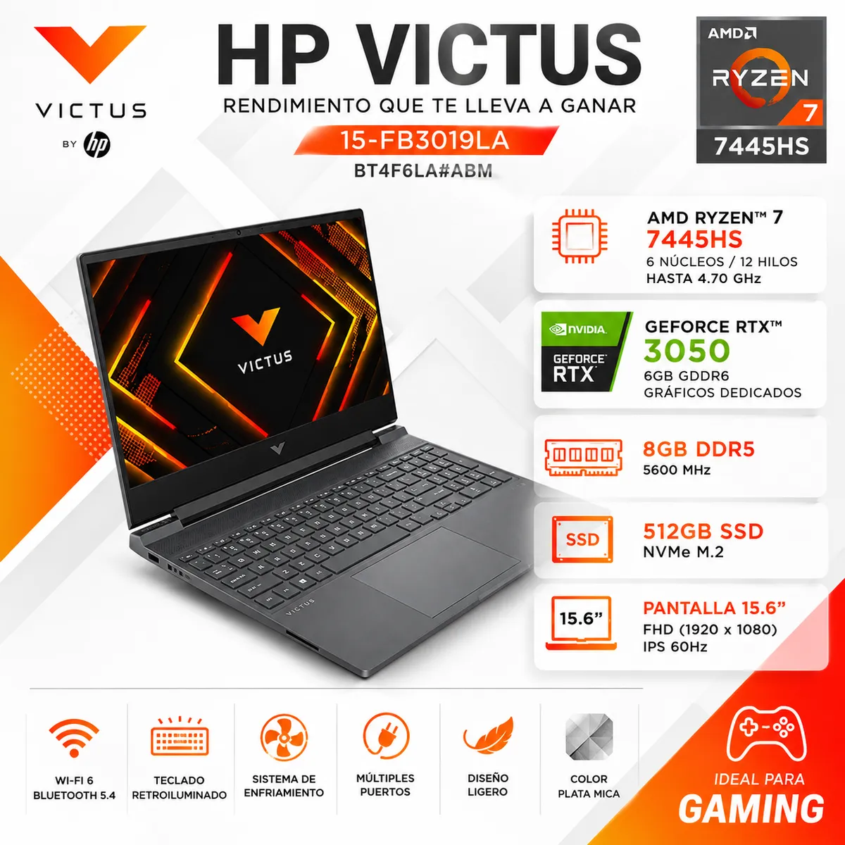 HP - Laptop Gamer HP Victus 15-FB3019LA 15.6" FHD Ryzen 7 7445HS 8GB DDR5 512GB SSD RTX 3050 6GB.