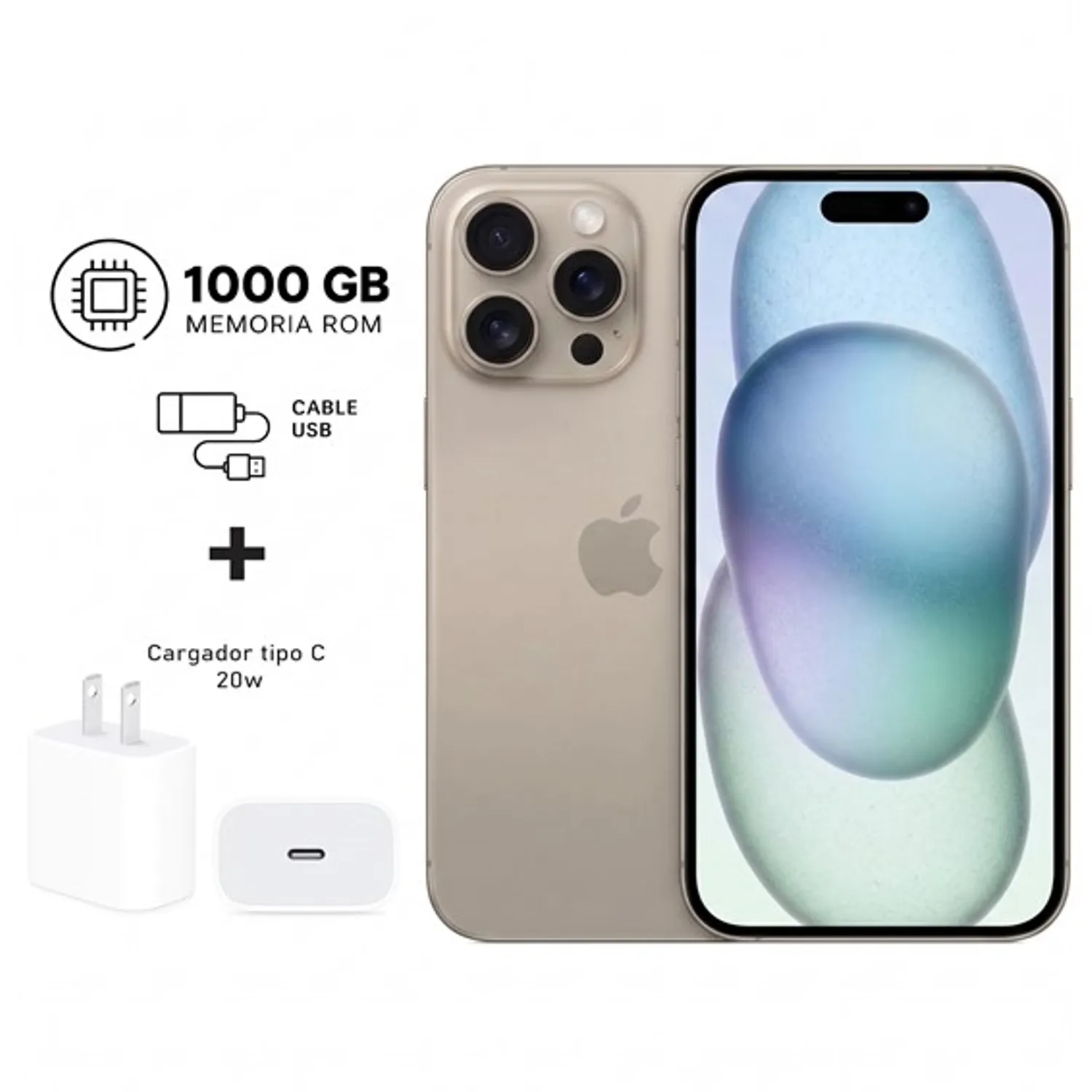 Apple Iphone 15 Pro Max 1TB Natural Titanium Gris 5G + Kit de carga. Reacondicionado Grado A+ A2849