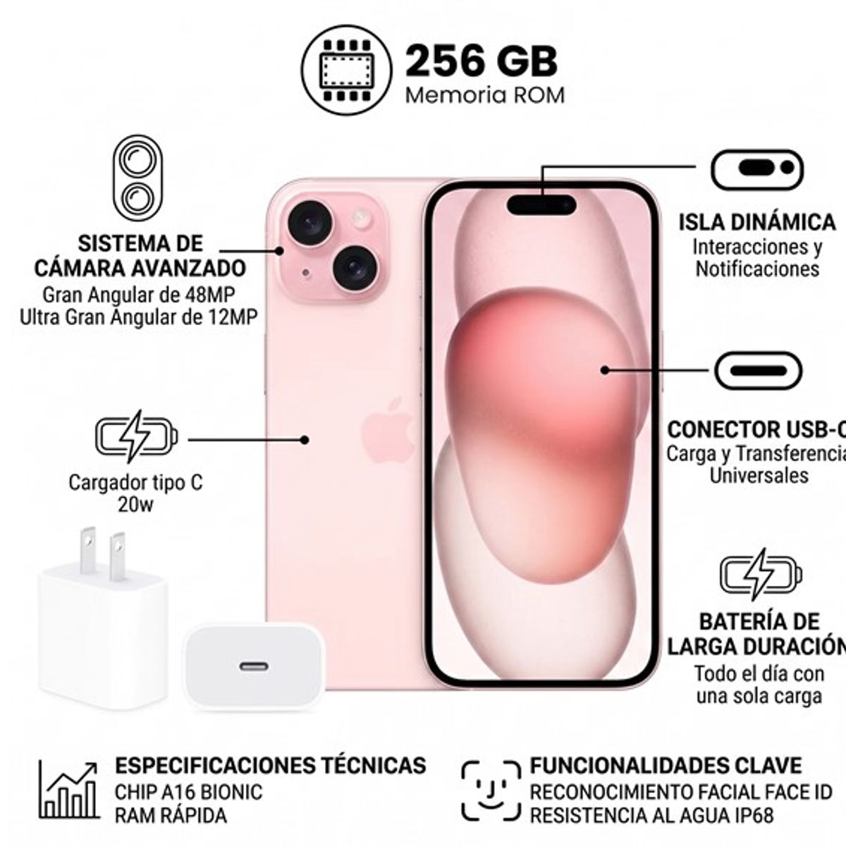 Apple Iphone 15 Plus 256gb Rosado Pink + Kit de carga. Reacondicionado A2847, marca APPLE - Foto 2