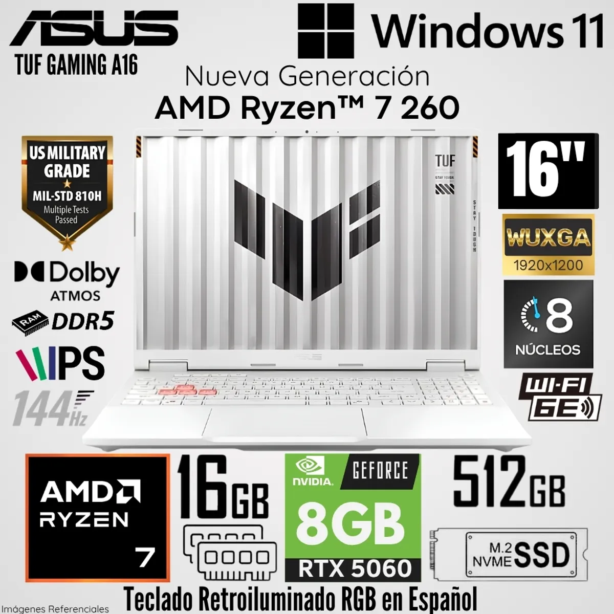 ASUS - Laptop Asus TUF Gaming A16 AMD Ryzen 7 260 16GB RAM 512GB SSD RTX 5060-8GB 16"  WUXGA 144Hz