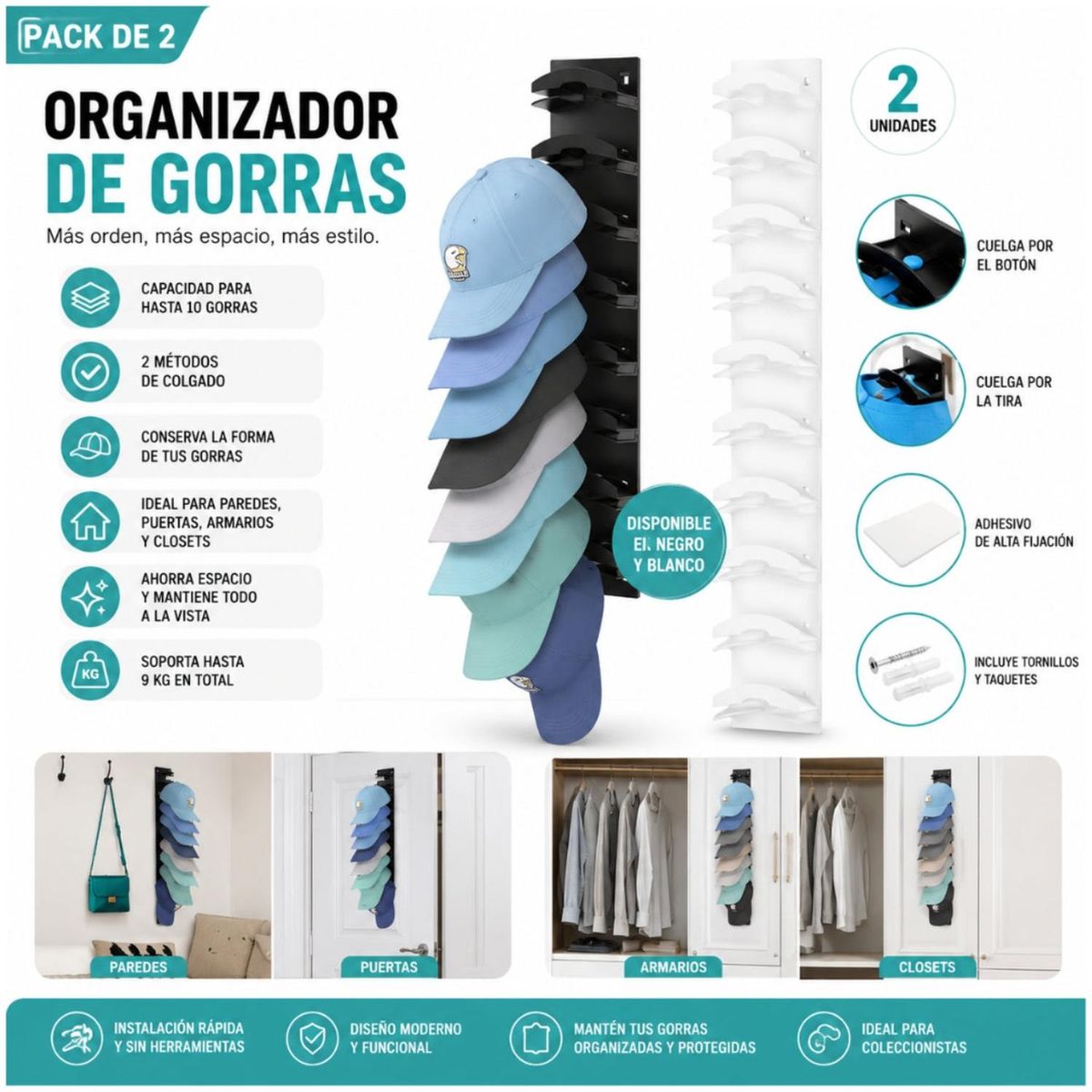Pack x2 Organizador para 20 Gorras de Pared Soporte Vertical Perchero Exhibidor Closet, marca GENERICO - Foto 2
