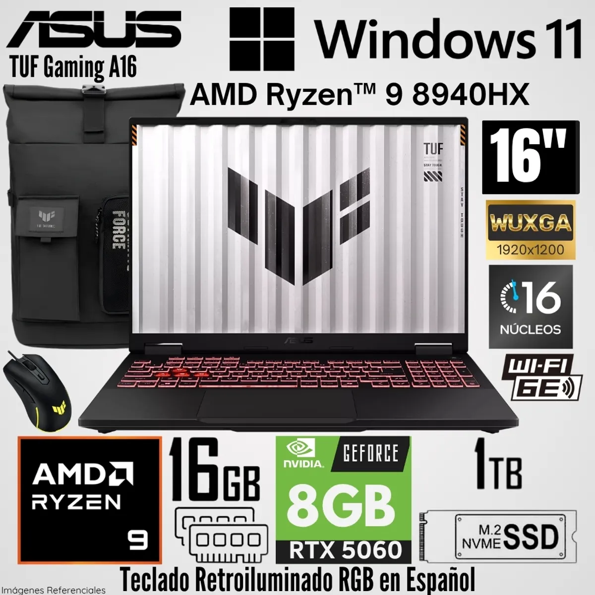 ASUS - Laptop Asus TUF Gaming A16 AMD Ryzen 9 8940HX 16GB RAM 1TB SSD RTX 5060-8GB 16"  WUXGA 165 Hz
