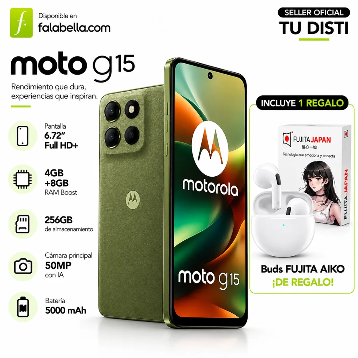 MOTOROLA - MOTOROLA G15  256GBROM 12GB RAM/ 4GB +8GB EXT/50MP AI/  6.7" G/ 5200 mAH + FUJITA JAPAN BUDS